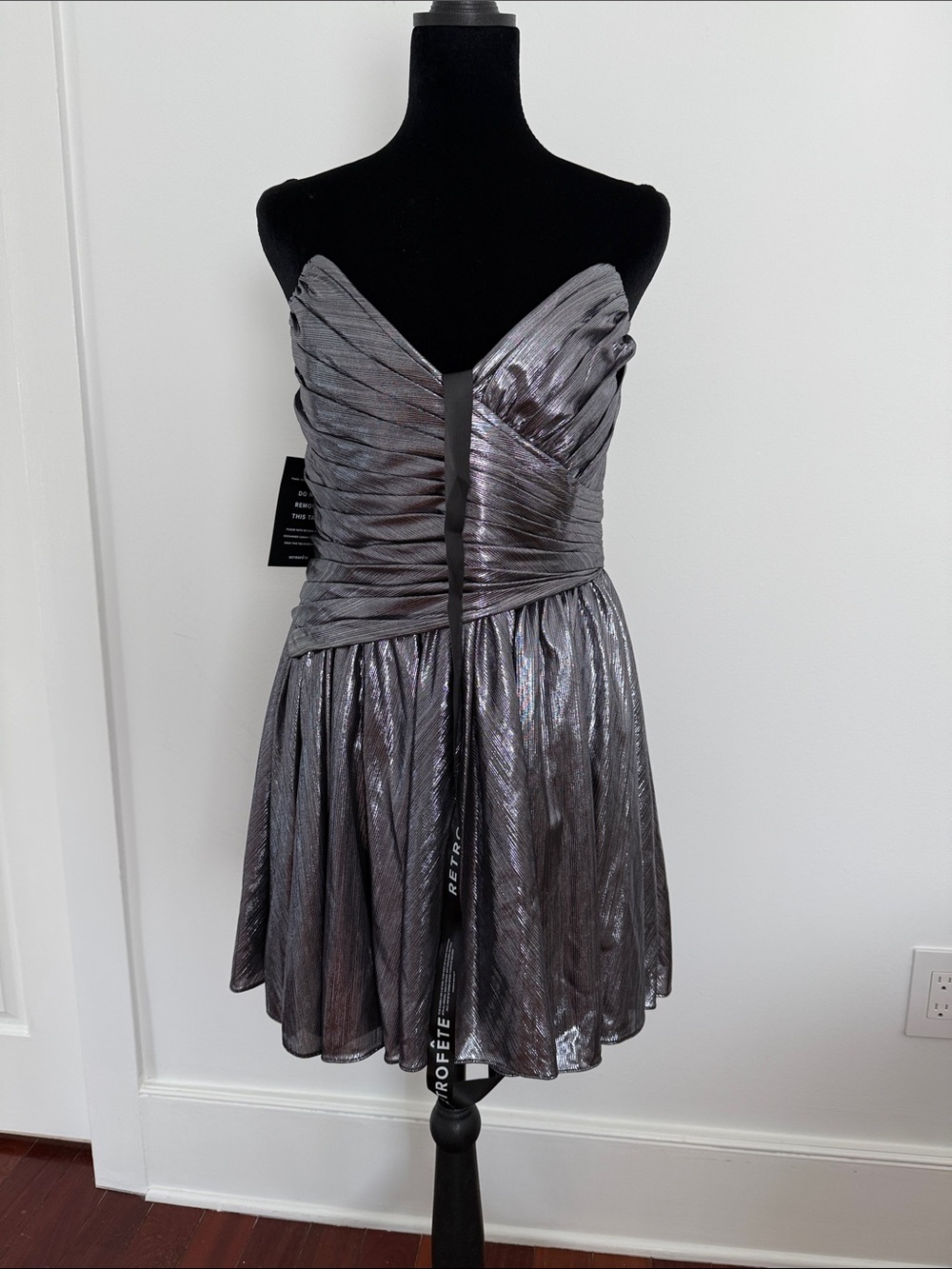 Retrofete Metallic Gunmetal Pleated Party Dress